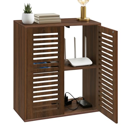 WiFi Router Storage Cabinet Floor Standing Router Storage Box Modem Multi-Functional Router Storage Box Power Strip and Cable Management Hider Organizer for Living Room Office Bedroom Walnut