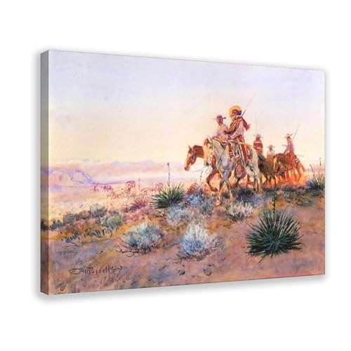 Impression sur toile Chasseurs de Buffles Charles M Russell Cadre Suspendu Salon 50x75 cm