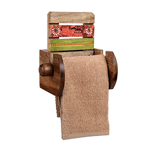 Image of Aakriti Art Creations Madhubani Art Wooden Towel Holder | Handcrafted Wooden | Matte Finish Natural Brown Wall Mounted Towel Holder for Bath & Wash Area