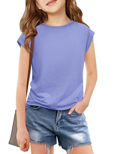 Image of Haloumoning Girls Cap Sleeve T Shirts Kids Summer Crewneck Solid Tops Tees 5-14 Years
