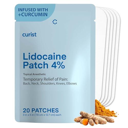 Curist Lidocaine Patches Maximum Strength with Curcumin - Numbing Topical Pain Relief for Back Relief, Neck Relief, & Sore Muscle Relief (Pack of 20 Pain Patches 3'x5' 4% Lidocaine Patch) New Formula