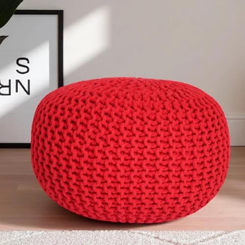 CASVO® Handmade Large Knitted Pouffe Ottoman 100% Cotton Chunky Couffes for Living or Library Book Reading Office Room Versatile for Foot Rest Extra Seating & Home Decor 50cm Foot Stool (Red)