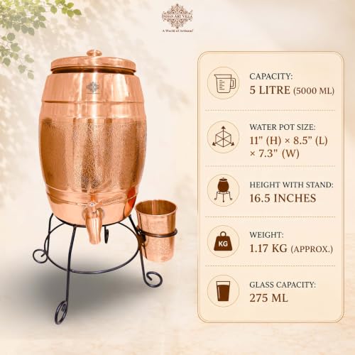 Image of Indian Art Villa Copper Water Pot with Embossed Design, 5 Litre Water Storage Vessel with Stand, Tap & Glass (275 ML), Ayurvedic Water Dispenser for Home, Office, Dining & Gifting