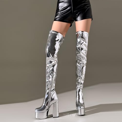 Over the Knee Platform Boot - Metallic Boot for Women Round Toe Chunky Heel Sequin Leather Thigh High Boot3