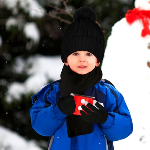 Kids Winter Hat Gloves Scarf Set Winter Knit Beanie Cap with Pompom Scarf Gloves Warm Set for Toddlers Boys Girls Ages 2-82