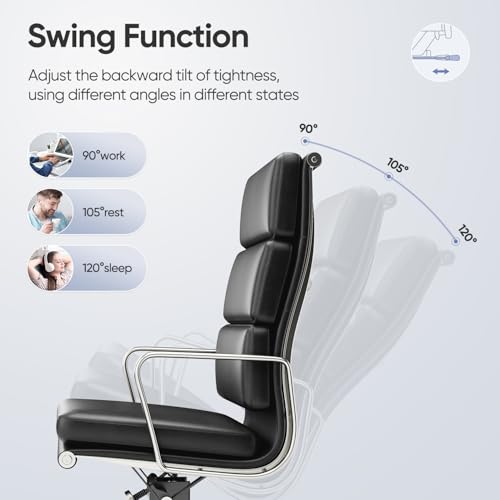 Image of High-Back Executive Genuine Leather Office Chair, with Aluminum Arms and 5-Star Base, Modern Rolling Desk Chair with Silent Wheels, Lumbar Support, High-Adjustable, Tilting for Home & Office