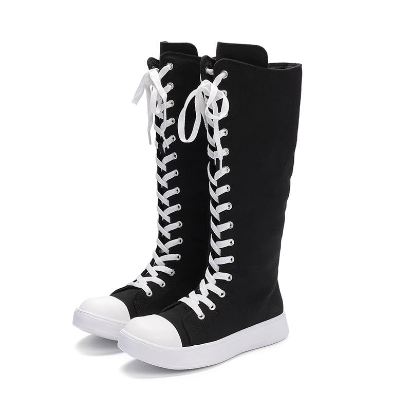 Women's Knee High Canvas Boots Platform Lace Up Side Zip Sneaker Dance Boots