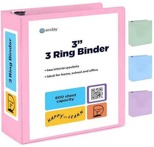 Enday 3 Inch Binder, Pink - 3 Inch 3 Ring Binder, D-Ring Pastel with Clear View Cover for Letter Size 8.5 x 11'' Paper & 2 Inside Pockets, Ideal for School Supplies, Office, and Home