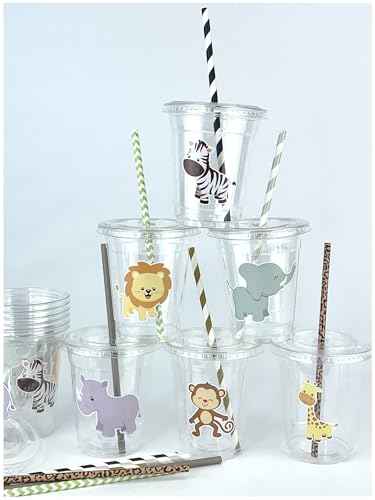 Safari Animal Plastic Party Cups with Lids and Straws, Birthday Drinkware, Jungle Baby Shower Tableware, Set of 12
