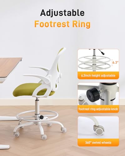 Image of LukkDys Drafting Chair with 4D Multi-Adjustable Backrest, Tall Office Chair 19.7 inch-27.6 inch Seat Height, Ergonomic Standing Desk Chair with Flip-up Arms, Foot Ring, Green&White