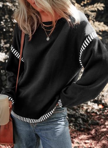 Image of Women's Crewneck Long Sleeve Sweater Casual Fall Contrast Ribbed Knit Pullover Jumper Tops