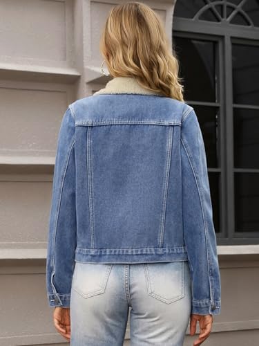 Women Denim Jackets Faux Fur Collar Fleece Lined Winter Thicken Denim Trucker Jacket4
