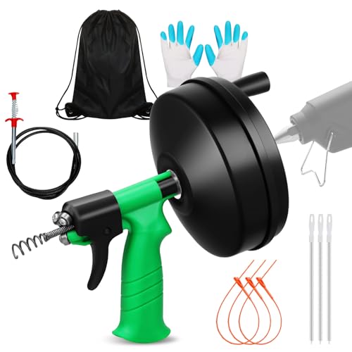Dokjuan 50 Ft Drain Snake, Fast Unclog Snake, Manual & Electric Drain Auger for Shower Sink, Toilet and Kitchen, Plumbing Auger Comes with Gloves and Bag, 1/4 Inch, Green