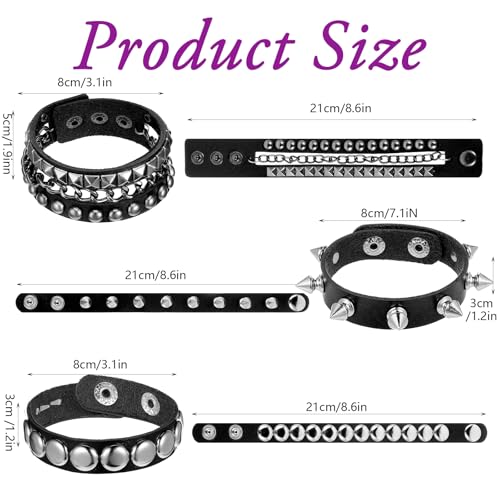 3 Pcs Punk Bracelets, Leather Studded Bracelet Cuff Adjustable Goth Bracelets Spike Bracelet Emo Bracelets for Men Women 80s Wristband Goth Jewelry Halloween Emo Accessories2
