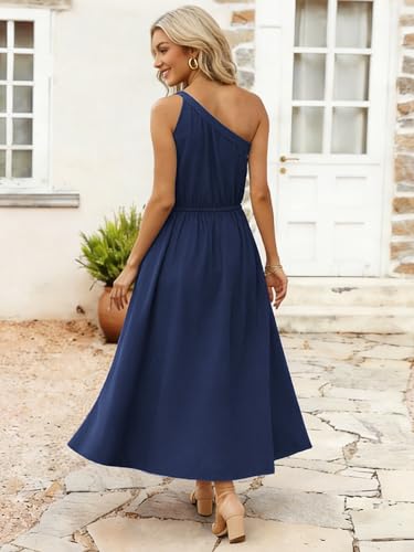 Image of ECOWISH Womens Summer One Shoulder Maxi Dress Casual Polka Dot Midi Dresses Sleeveless Long Pockets Sundress Beach Vacation