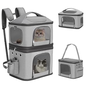 Abnehmbarer Katzenrucksack für 2 Katzen bis 12kg, Faltbar Katzentransportbox, Kucksack Groß für 2 Katzen, Perfekt für Reisen/Wandern/Camping, Grau