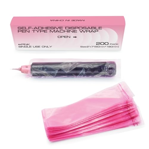 PMUBEAUTY 200pcs Wireless PMU Pen Machine Covers Self-adhesive PMU Supplies for Permanent Makeup Microneedling Tattoo Machine Pen Type Bag Sleeves(Pink 2” x 7.2”)