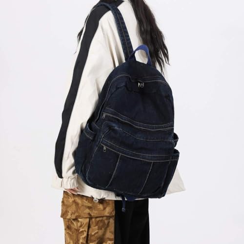 Image of Dark Wash Denim Jean Backpack for Women & Men Retro Aesthetic Rucksack Basic Backpack for High School /College Students Travel Laptop Bag
