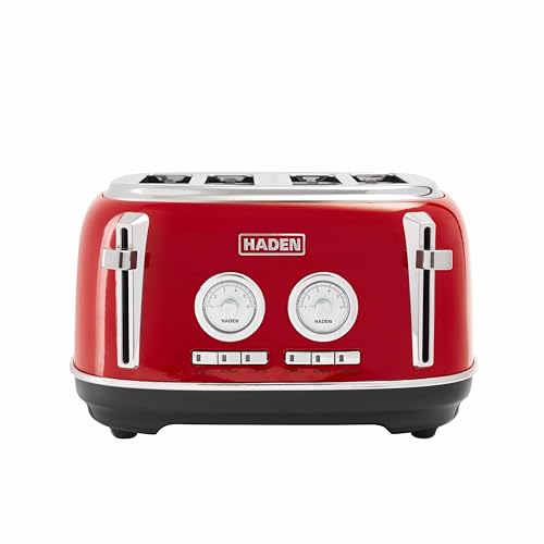 Haden Jersey Red Toaster 4 Slice - Retro Stainless Steel Design with Reheat Defrost Self-Centering Functions Customizable Browning Control - 1370-1630W 220-240V - Elegant Kitchen Appliance