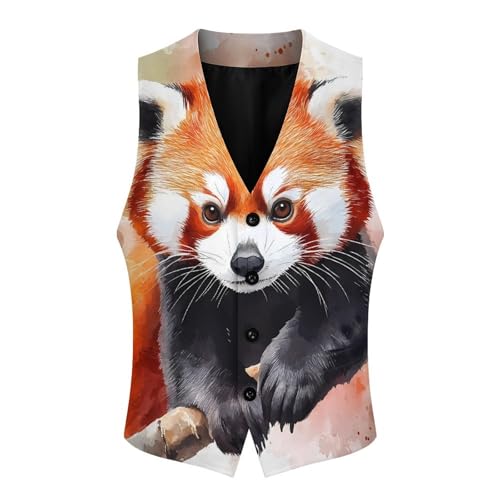 Cute Red Panda Watercolor Trendy Vest Suit for Men V Neck Formal Dress Waistcoat Vests Business Slim Fit3