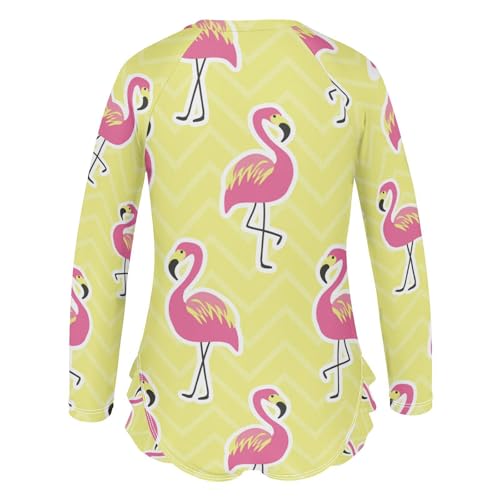 susiyo Pink Flamingo on Bright Yellow Girls One Piece Swimsuits Long Sleeve Bathing Suits Cute Ruffle Swimwear - 9-10T3