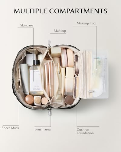 Image of EACHY Travel Makeup Bag, Large Capacity Cosmetic Bag for Women, Waterproof PU Leather, Flat Open Portable Toiletry Bag for Skincare, Brushes & Travel Essentials
