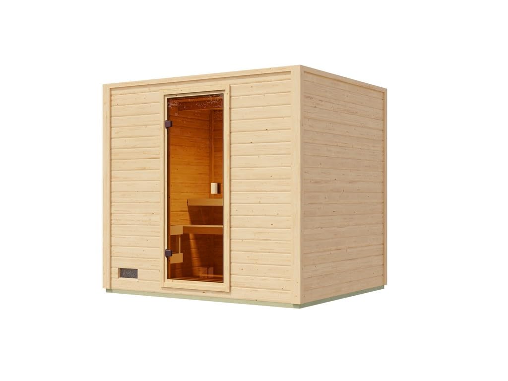 Karibu Gartensauna 230,8x189,9x219,5cm│Garten Sauna aus Fichte 38mm│mit bronzierter Glastür & 2 Liegen│Fronteinstieg│Massivholz│9kW Saunaofen mit EXT. Steuerung│für 2–4 Personen + Boden