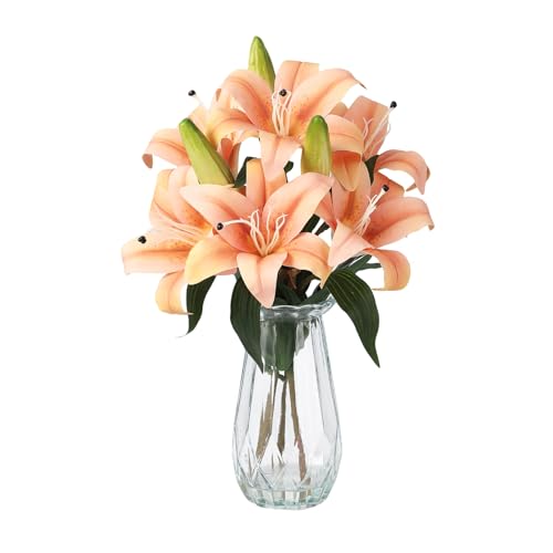 GarveeLife Artificial Tiger Lily Flowers with Vase, Real Touch Easter Lily Faux Flowers for Home Table Centerpieces Wedding Baby Shower Birthday Party Decoration, UV Resistant, 3 Stems with 