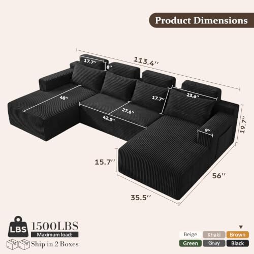 Image of Boneless Couch for Living Room, 113 inch Oversized U Shaped Modular Cloud Sofa with Deep Seat, 6 Seater Convertible Memory Foam Couches, No Assembly Plush Corduroy Sofa (Black)