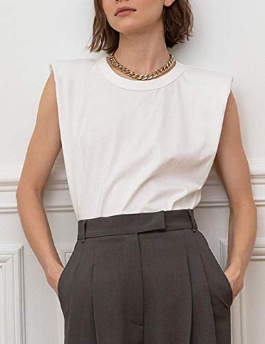 SAFRISIOR Women Loose Solid Shoulder Pads Sleeveless T-Shirt Casual Cotton Round Neck Tank Tee Top2