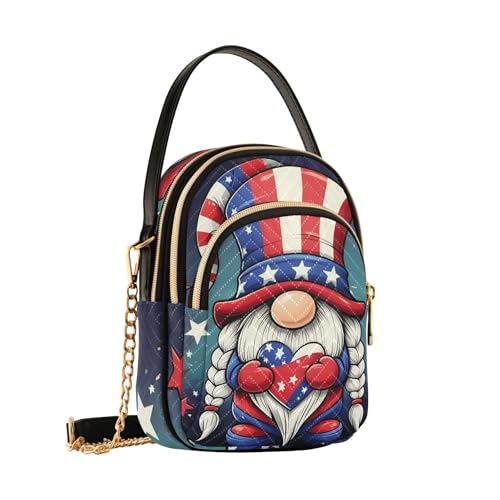 Women Shoulder Handbag Cute Print Phone Handbag Small Chain Purse Quilted Zipper Lady Bowler Satchel Cute Gnome American Flag2