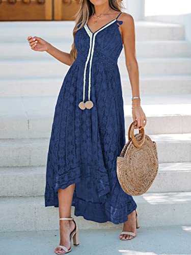Image of CUPSHE Womens Lace Summer Maxi Dresses 2026 Beach Wear | V Neck Spaghetti Straps Sundress, Tassel, Boho Pom Poms, Flowy Vacation Outfits, Resort Wear, Graduation Wedding Guest Looks