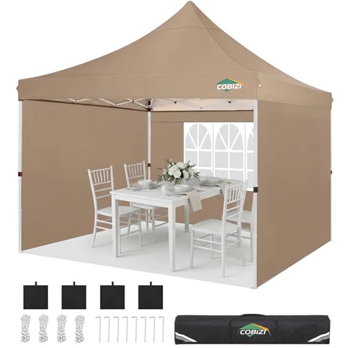 Image of COBIZI 10x10 Pop Up with 3 Sidewalls, Canopy Tent 10x10 for Parties, Backyard, Commercial, Waterproof and Portable Instant Shelter UV50+ Outdoor Canopy Gazebo with 4 Sandbags(Brown)