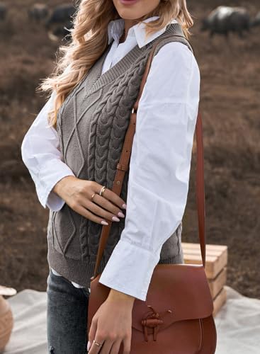 EVALESS Oversized Sweater Tank Tops for Women Casual V Neck Cable Knit Sweater Vest Fall Winter 2025 Fashion Pullover Sweaters Gray Small