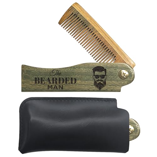 CHGCRAFT Peine Plegable de Madera para Hombre Barbudo Peine de Barba Peine de Madera Tallada Peine para Cabello con Dientes Finos con Bolsa de Transporte de Polipiel para Hombres, Aseo Bigotes