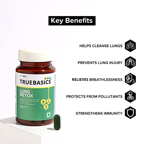 Image of TrueBasics Lung Detox Supplements, 100% Natural Herbal Blends, Vitamin C, K2 and Magnesium, Lungs Cleaner for Detoxification and Immune Defence, Clinically Researched Ingredients, 30 Veg Tablets