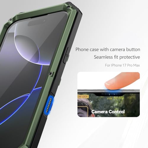 Simicoo Military Metal Heavy Duty Case Compatible with iPhone 17 Pro Max, Drop Protection Rugged Defender Metal Bumper Screws Case with Stand Gorilla Glass Camera Cover Full Body Dustproof Green by Simicoo - Used condition - Image 3