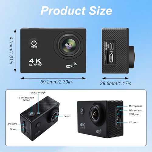 Action Cam, 4K30FPS 20MP actionkameras mit 64GB Karte, 40M Unterwasserkamera Wasserdicht Ultra HD Touchscreen 170 ° Weitwinkel, EIS Stabilisierung, WiFi Actioncam für Fahrrad, Schnorcheln, Motorrad