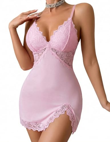 Image of Avidlove Women's Lingerie Lace Nightgown Babydoll Modal Chemise Spaghetti Strap Sleepwear Sexy Slip Side Nightwear