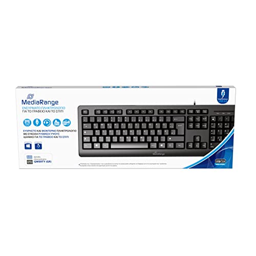 MediaRange Clavier Filaire avec 105 Touches, Disposition QWERTY (GR), Clavier PC avec Port USB 2.0 Plug & Play, résistant aux éclaboussures et réglable en Hauteur, Noir