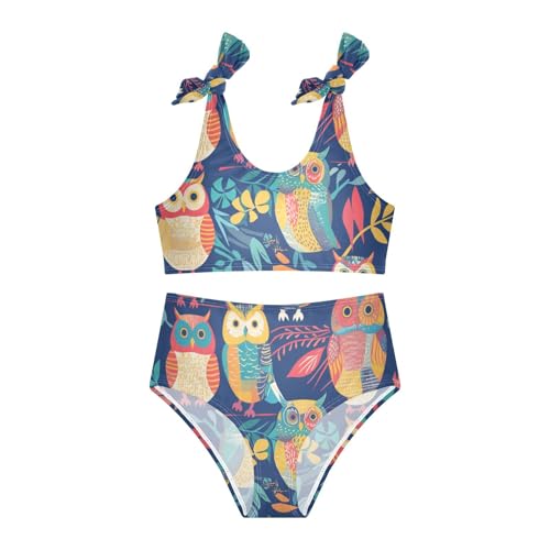 Cute Colorful Owls and Trees Girls' Two Piecing Kids Bikini Set Scoop Neck Swimsuits Swimwear Adjustable Strap3