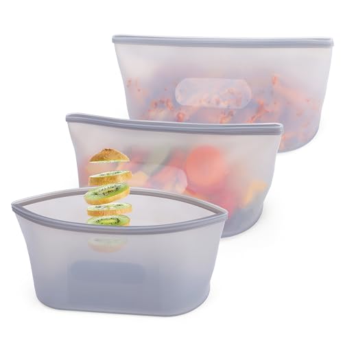 BELLE VOUS Set de Bolsas Herméticas Reutilizables - 3x Bolsa de Congelacion de Silicona Reutilizable de 750 ml para Guardar y Congelar Alimentos - Aptas Lavavajillas y Microondas