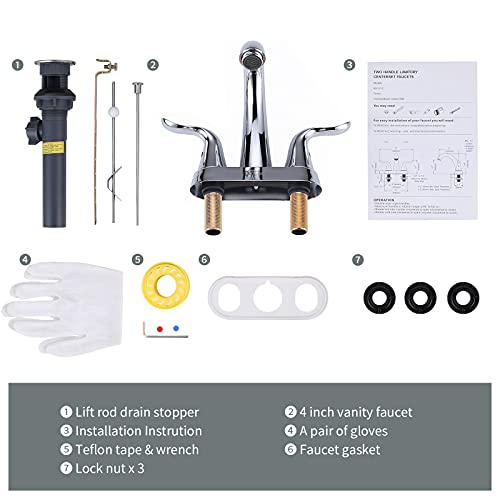 WOWOW Bathroom Faucet 2 Handle 4 Inch Centerset Bathroom Sink Faucet Lead-Free Basin Mixer Tap Lift Rod Drain Stopper, Two-Handle Center-Set Lavatory Faucet Chrome