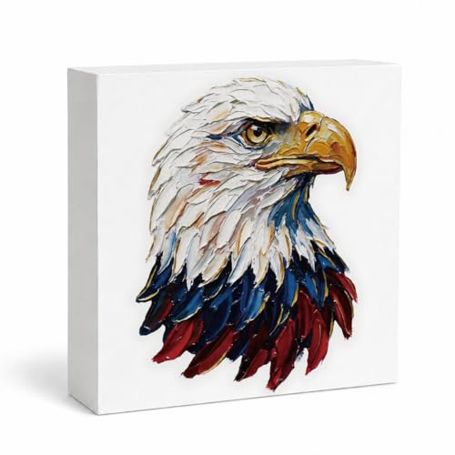 Eagle Patriotic Wood Box Sign, Bald Eagle Table Decor, Red White Blue Wooden Sign, Rustic Farmhouse Decor for Tiered Tray Mantel Office Entryway, Independence Day Holiday Display, 5.1 x 5.1 Inch