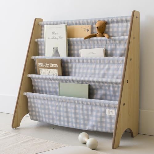 Image of 3 Sprouts Recycled Fabric Kids Bookshelf – 4-Tier Sling Book Rack Organizer - Nursery Room Playroom Classroom Wooden Book Shelves - Kid Bookcase Wood Storage Shelf for Toddler Age 3+ - Gingham Blue