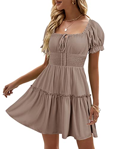Heysolo Womens Boho Floral Smocked Square Neck Short Sleeve Ruffle Beach Summer Mini Dress