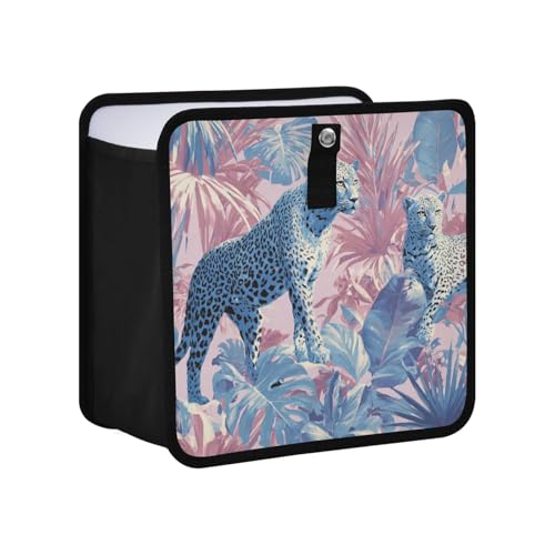 Image of Car Trash Can Organizer Bin with Adjustable Strap for Back Front Seat Console Waterproof Leakproof Collapsible Portable 11 Inch Cute Cheetah and Palm Leaves