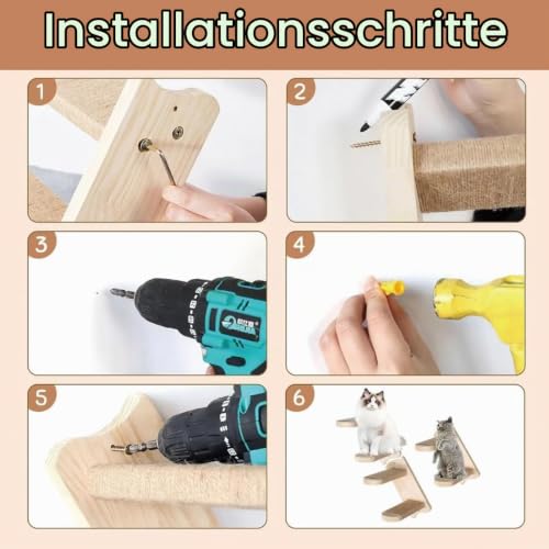 Katzentreppe 2 Stufen, Katzenleiter Mit Juteseil, Katzentreppe Wand, Katzenbretter Für Die Wand, Katzen Treppe, Katzentreppe Kletterwand Katzen Für Katze Klettern Spielen, Natürliche Holzfarbe