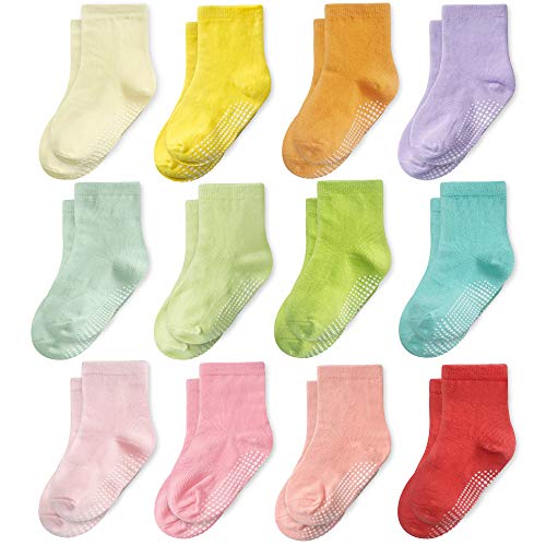 CozyWay Kids Non Slip Cotton Crew Socks 12 Pairs for Toddler Children Anti Skid Grips Colourful Socks Boys Girls 1-3 Years