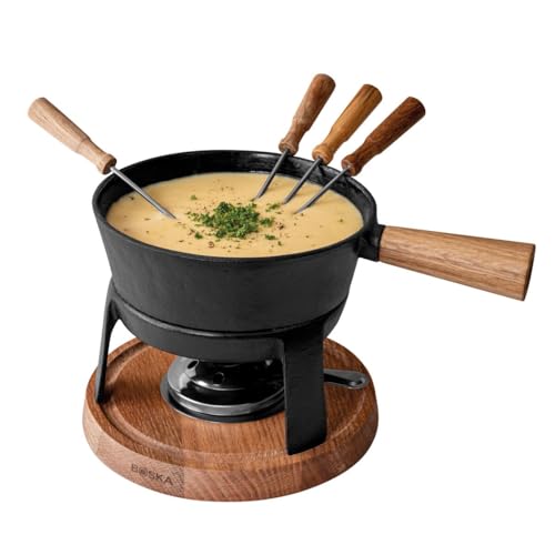Foto von BOSKA Fondue Set Pro L - Familien (6 Fonduegabeln) - Käsefondue Teelichter mit Stil - 1,8 L Inhalt für 1,2 L Geschmolzenen Käse [Stabile, Eichenholz und Edelstahl]